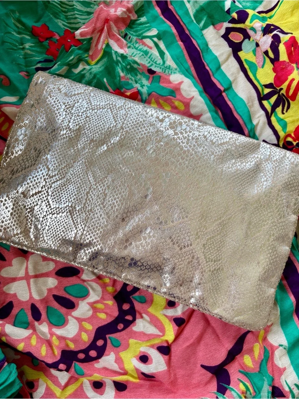 American Eagle Metallic Snakeskin Foldover Clutch Magnetic Snap Close Coral Zip